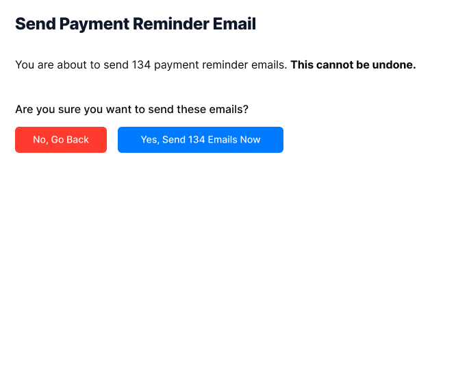 A user interface showing a table of invoices and a button to send a payment reminder email.